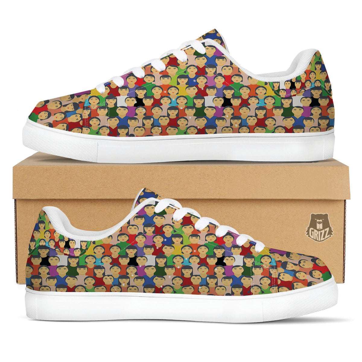 Chinese People Colorful Print Pattern White Low Top Sneakers-grizzshop
