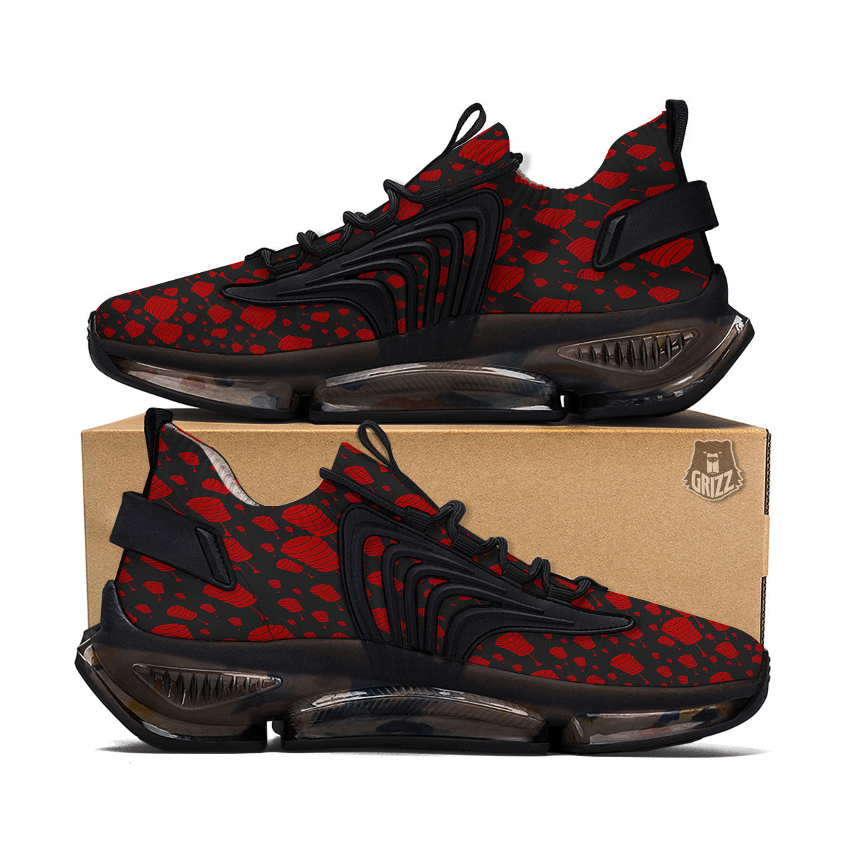 Chinese Red And Black Print Pattern Black Gym Shoes-grizzshop