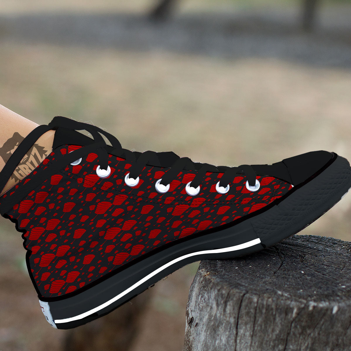Chinese Red And Black Print Pattern Black High Top Shoes-grizzshop