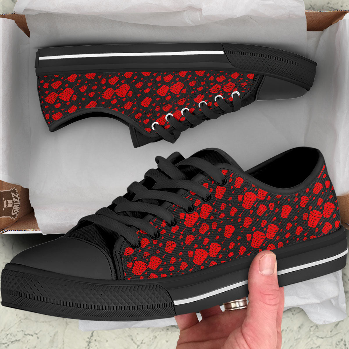 Chinese Red And Black Print Pattern Black Low Top Shoes-grizzshop