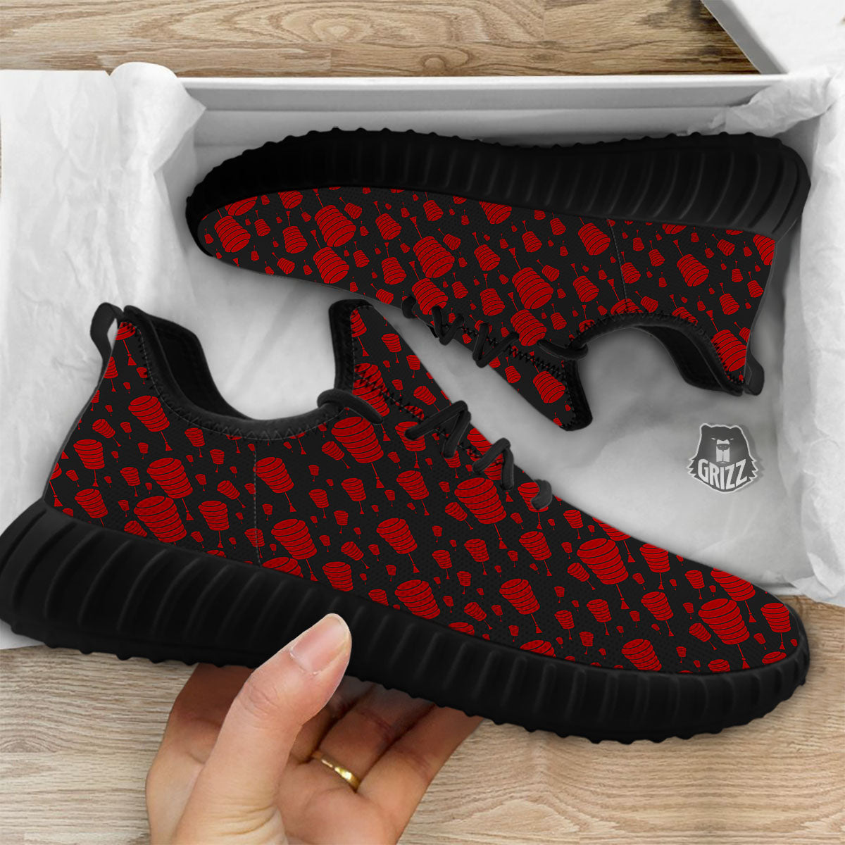 Chinese Red And Black Print Pattern Black Walking Shoes-grizzshop