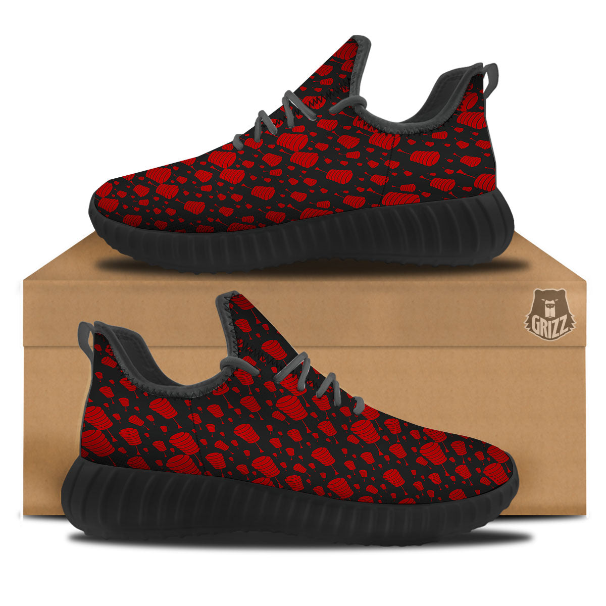 Chinese Red And Black Print Pattern Black Walking Shoes-grizzshop