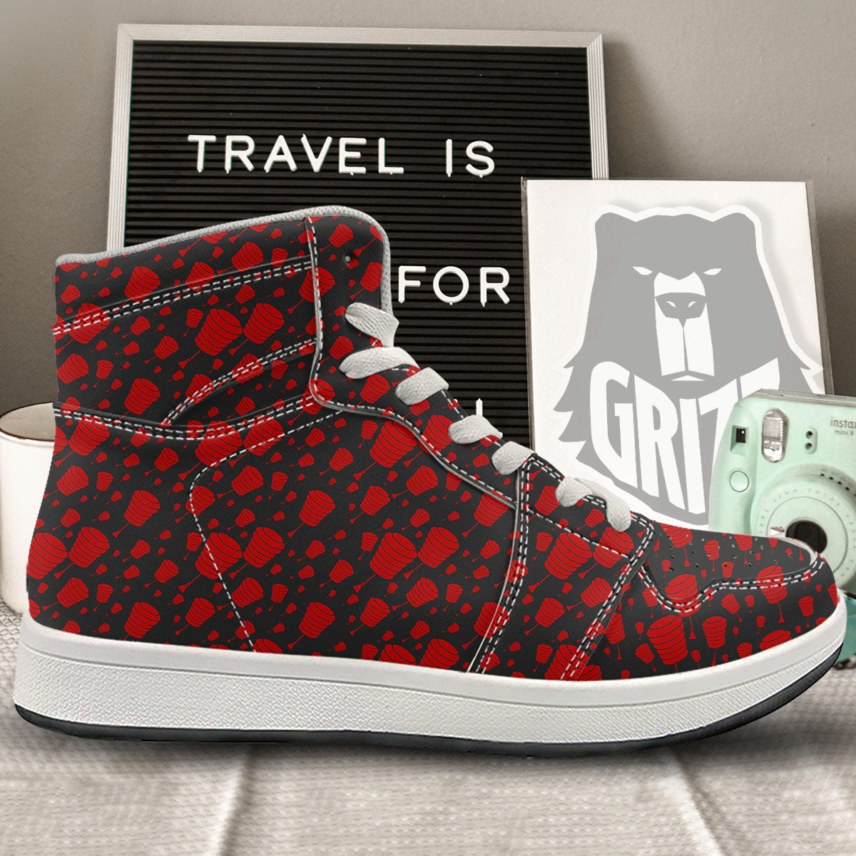 Chinese Red And Black Print Pattern High Top Sneakers-grizzshop