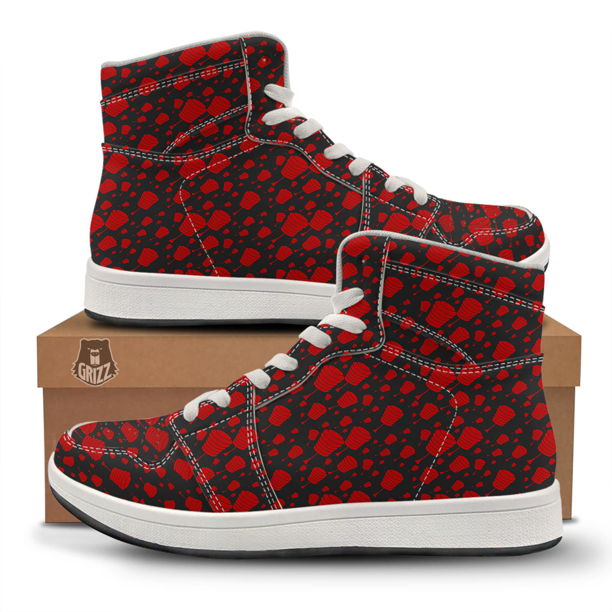 Chinese Red And Black Print Pattern High Top Sneakers-grizzshop