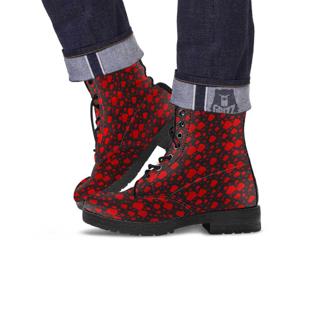Chinese Red And Black Print Pattern Leather Boots-grizzshop