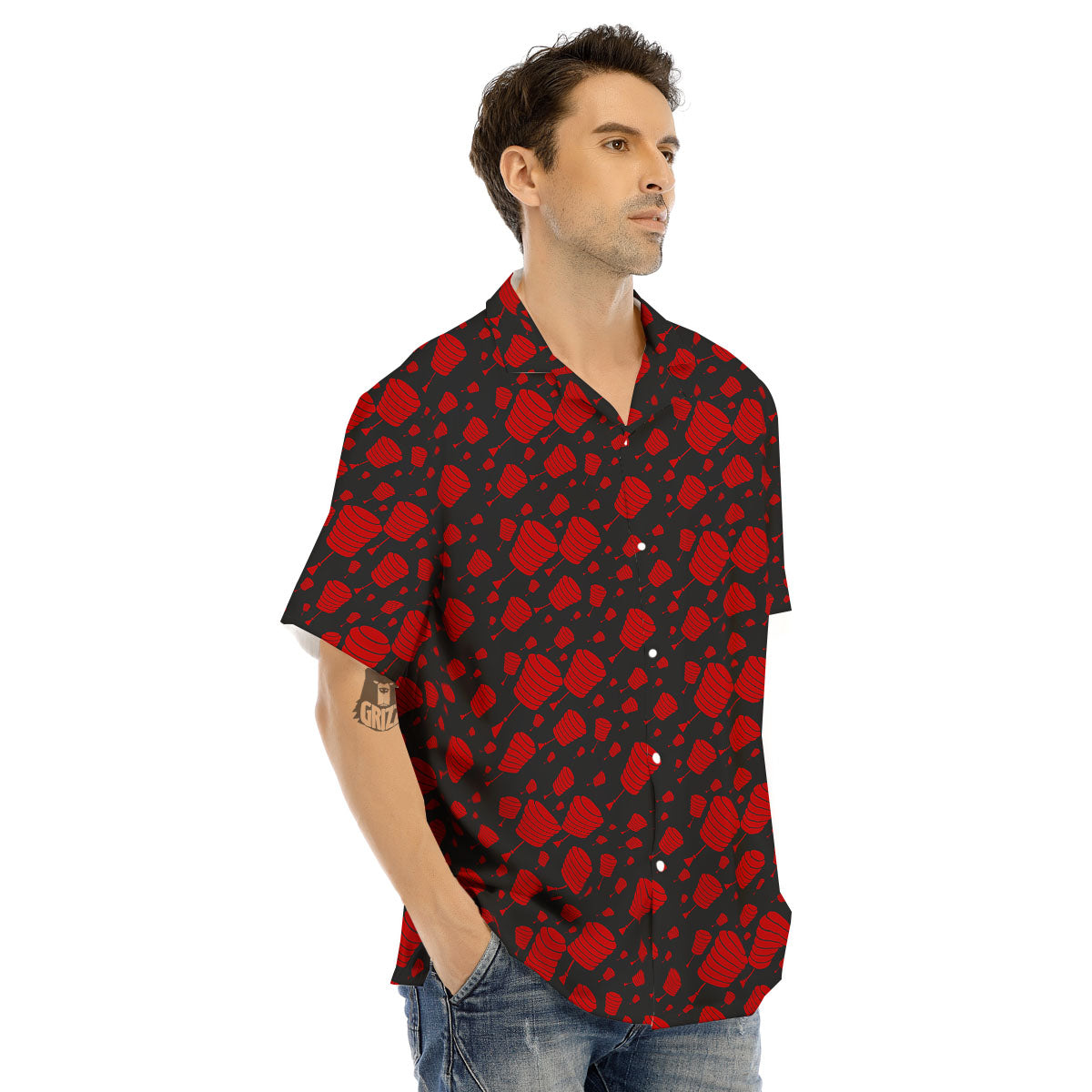 Chinese Red And Black Print Pattern Men's Hawaiian Shirt-grizzshop