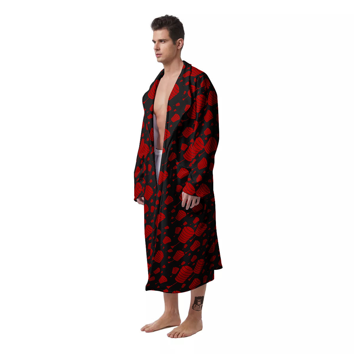 Chinese Red And Black Print Pattern Men's Robe-grizzshop