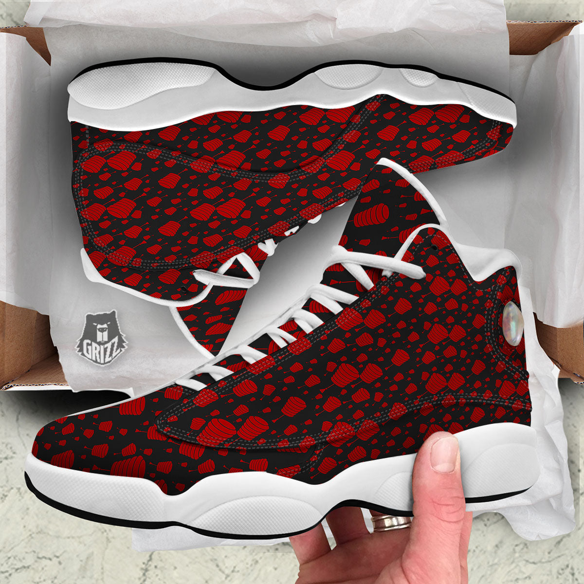 Chinese Red And Black Print Pattern White Basketball Shoes-grizzshop
