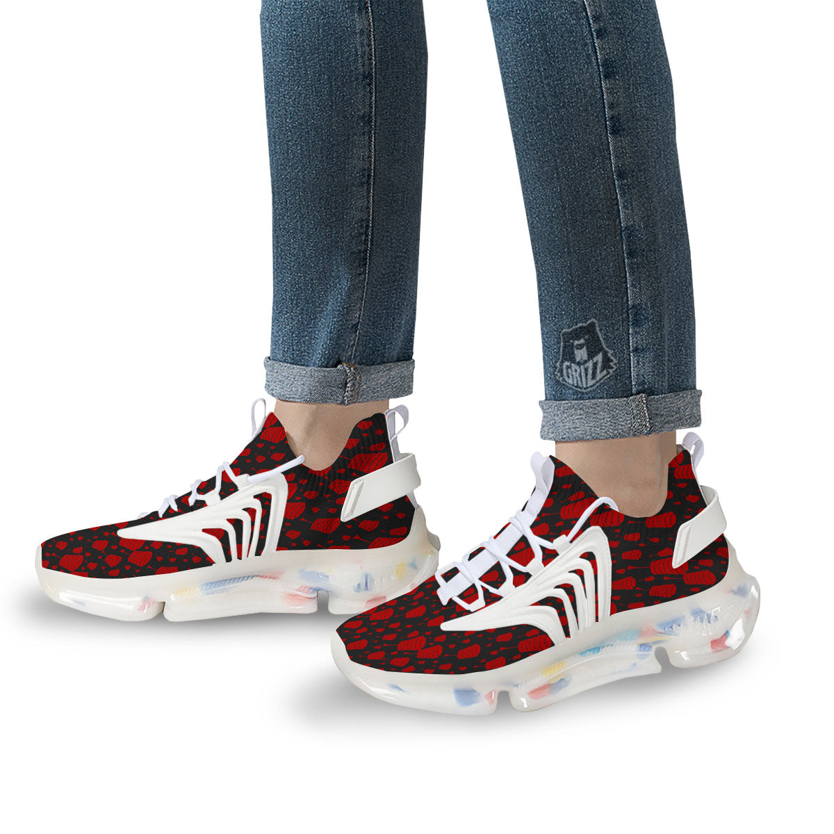 Chinese Red And Black Print Pattern White Gym Shoes-grizzshop