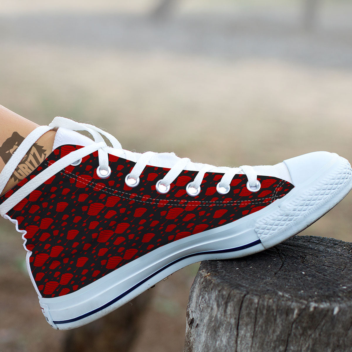 Chinese Red And Black Print Pattern White High Top Shoes-grizzshop