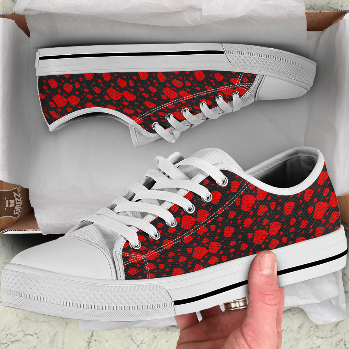 Chinese Red And Black Print Pattern White Low Top Shoes-grizzshop