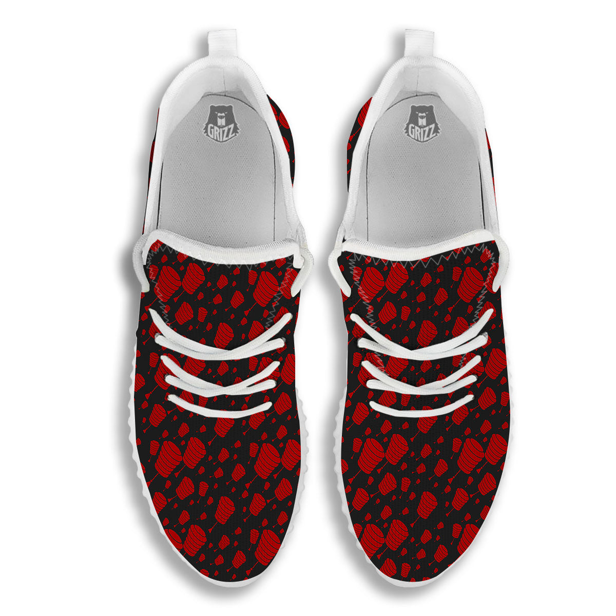 Chinese Red And Black Print Pattern White Walking Shoes-grizzshop