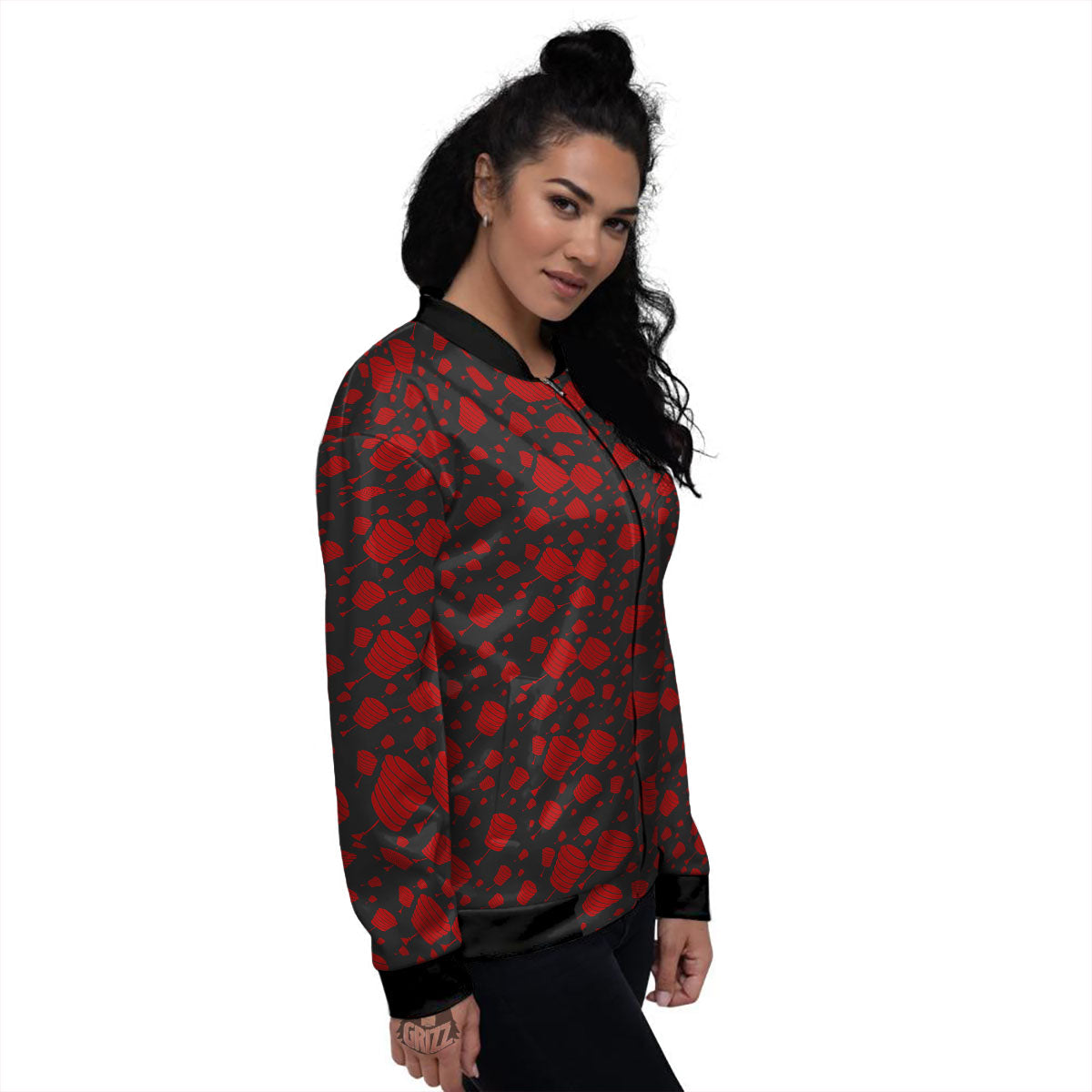 Chinese Red And Black Print Pattern Women's Bomber Jacket-grizzshop