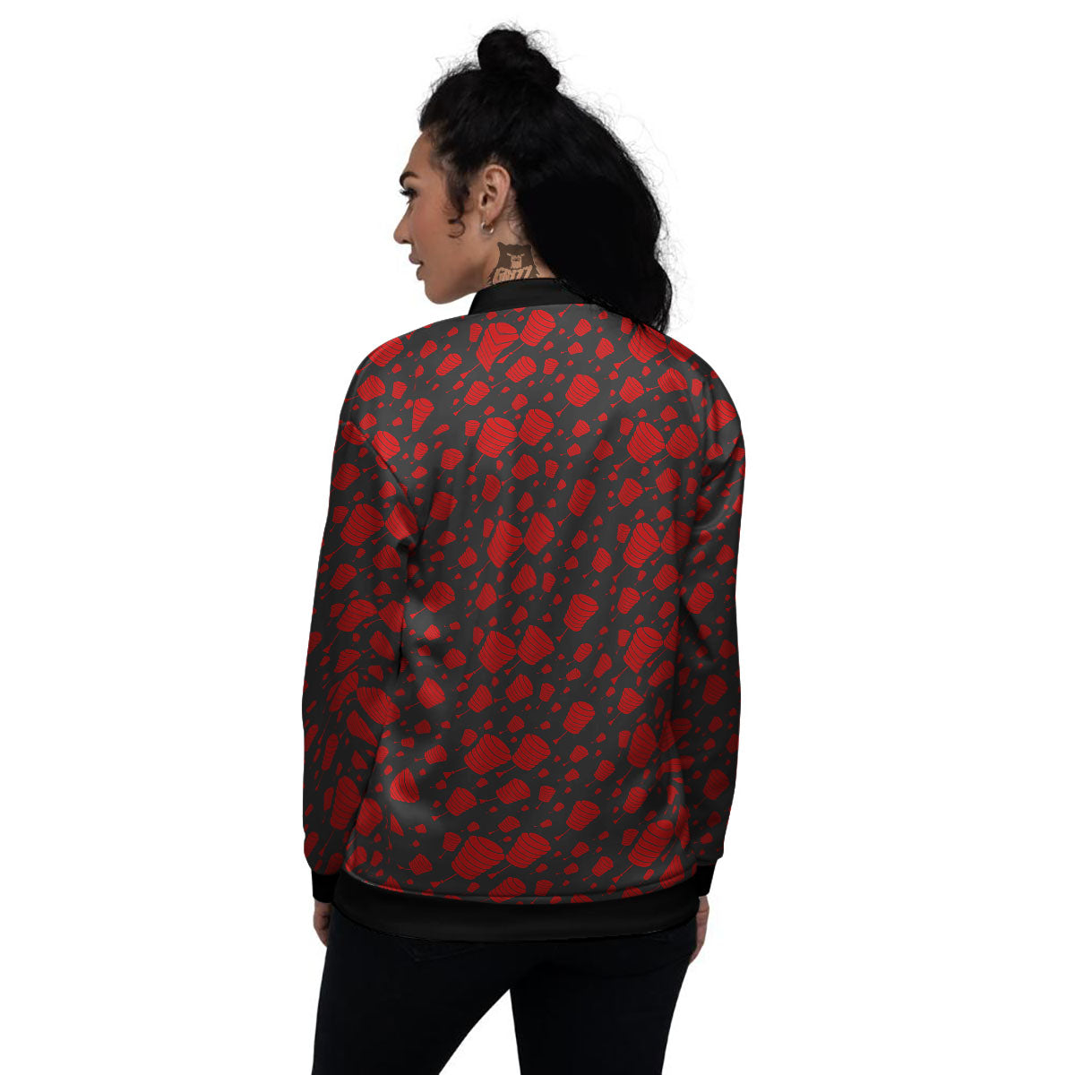 Chinese Red And Black Print Pattern Women's Bomber Jacket-grizzshop