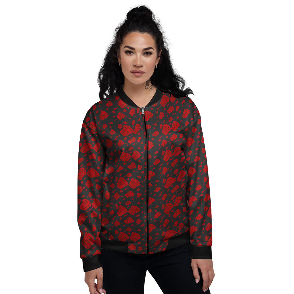 Chinese Red And Black Print Pattern Women's Bomber Jacket-grizzshop