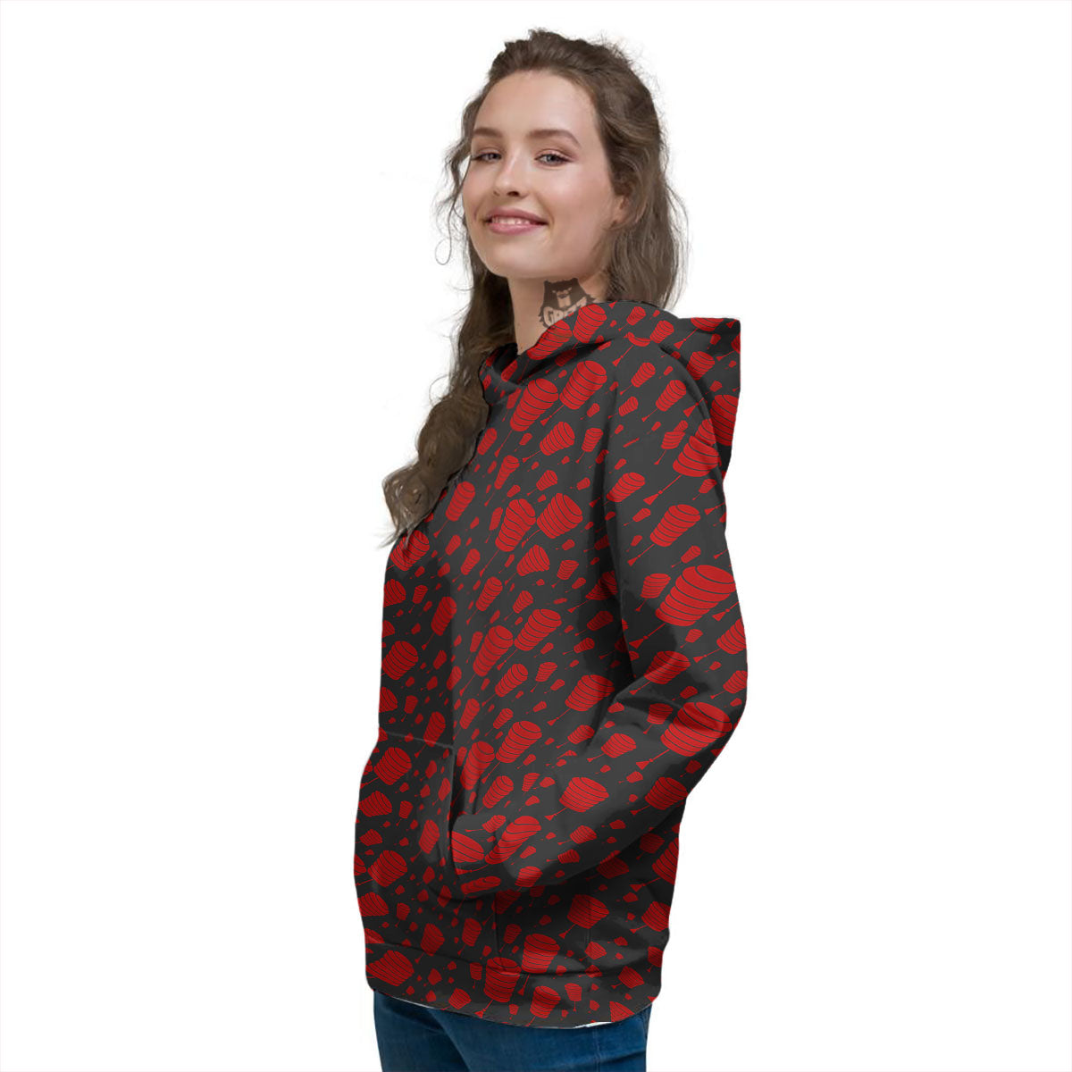 Chinese Red And Black Print Pattern Women's Hoodie-grizzshop