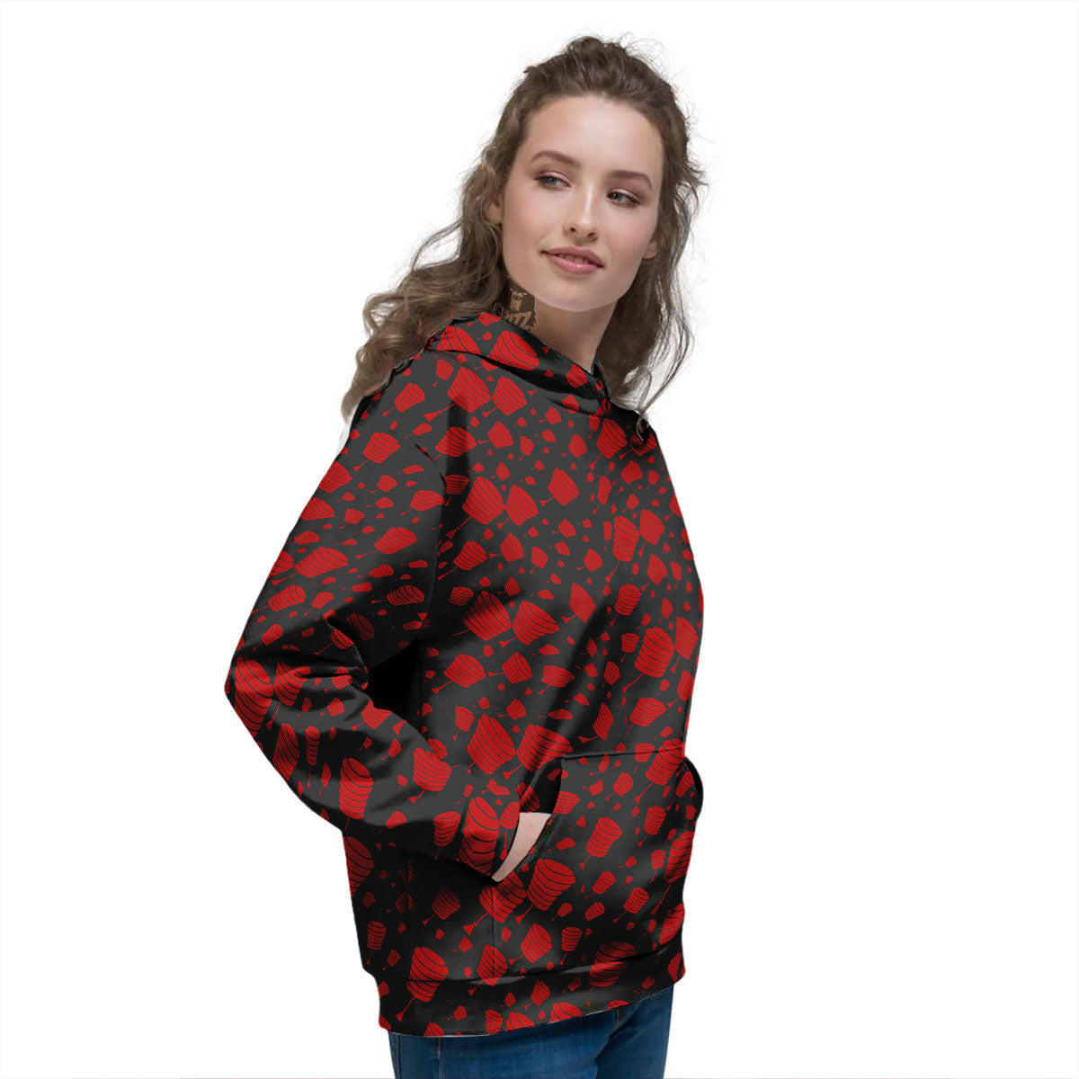 Chinese Red And Black Print Pattern Women's Hoodie-grizzshop
