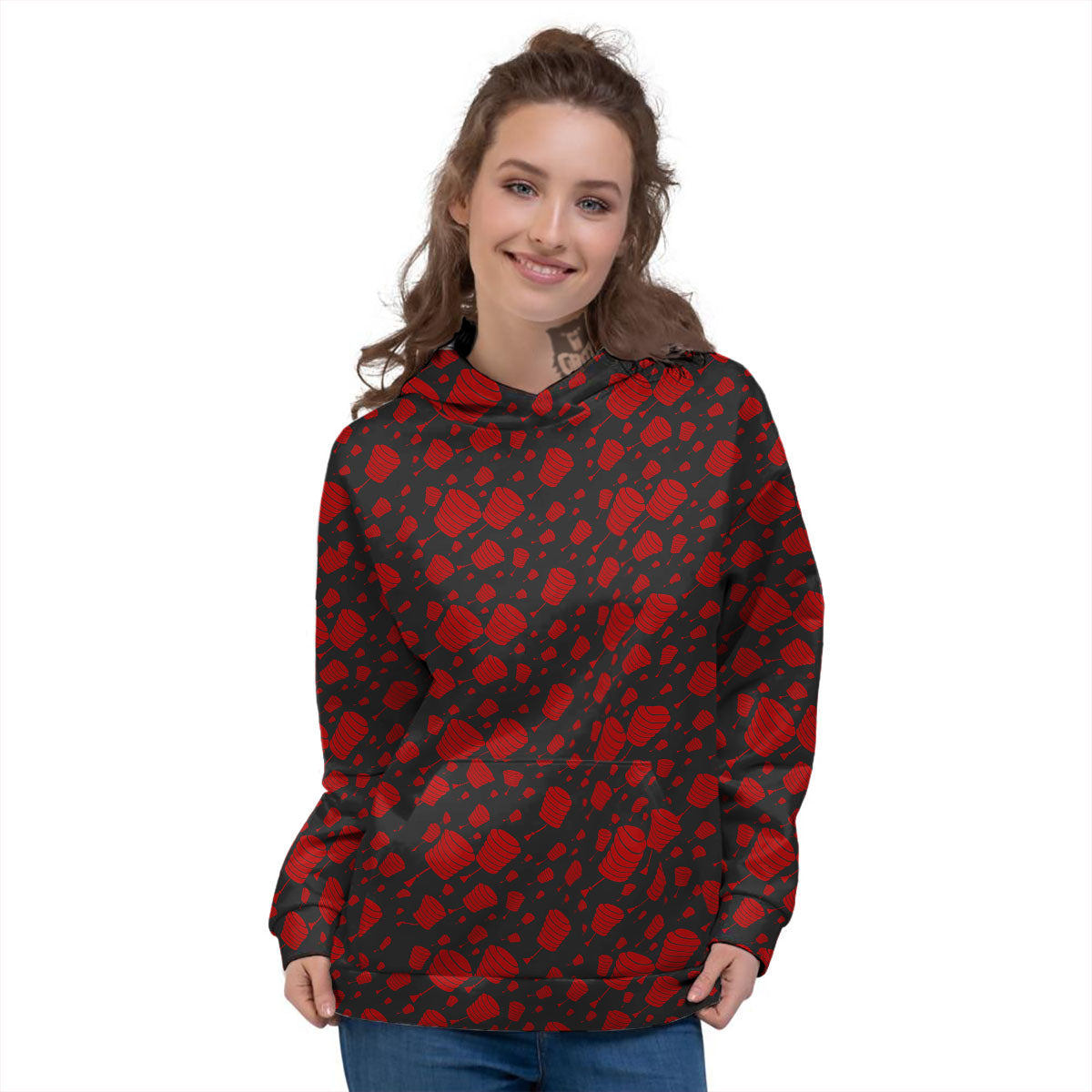 Chinese Red And Black Print Pattern Women's Hoodie-grizzshop