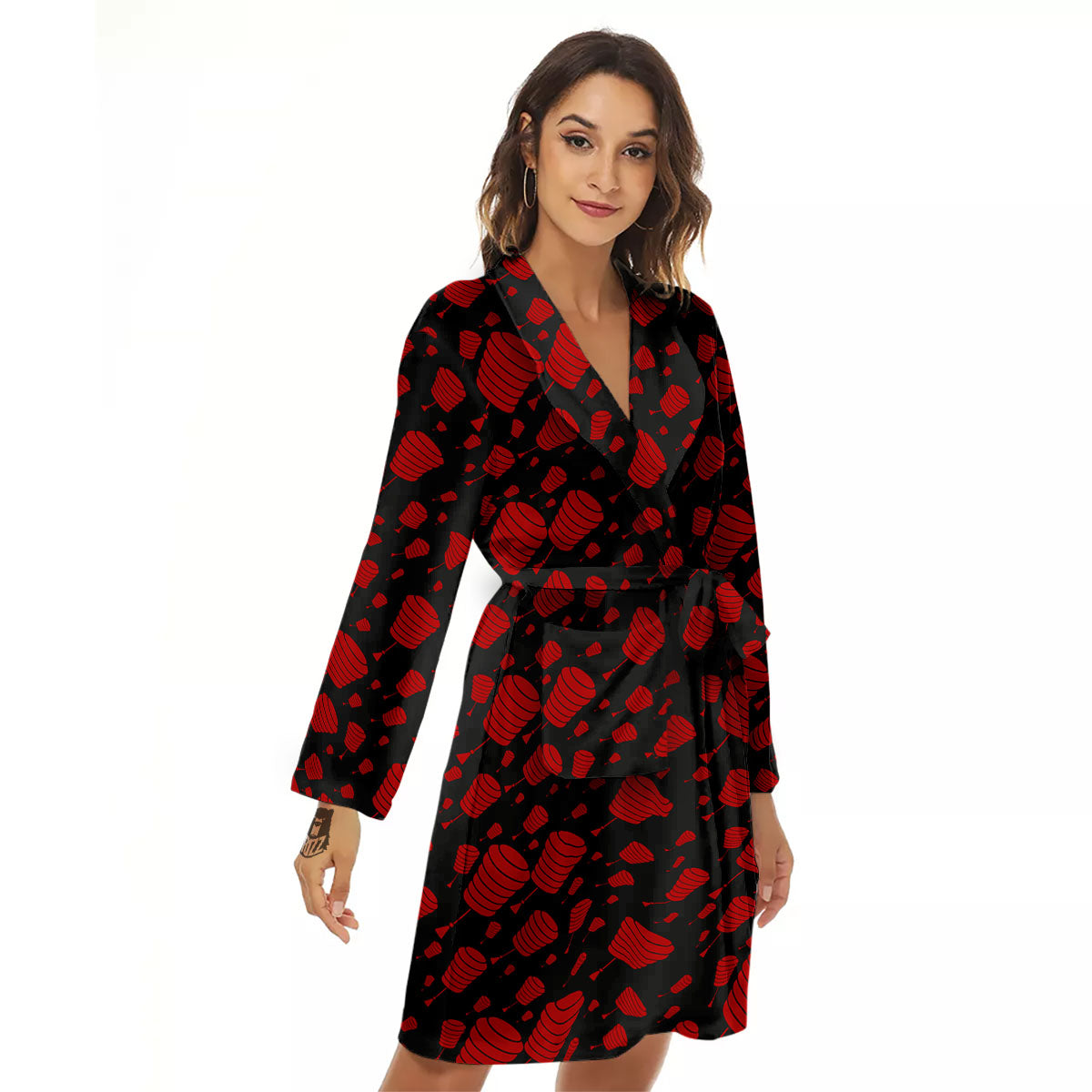 Chinese Red And Black Print Pattern Women's Robe-grizzshop