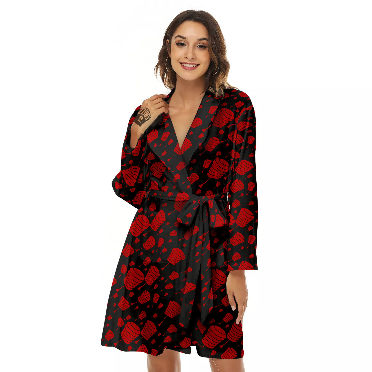 Chinese Red And Black Print Pattern Women's Robe-grizzshop