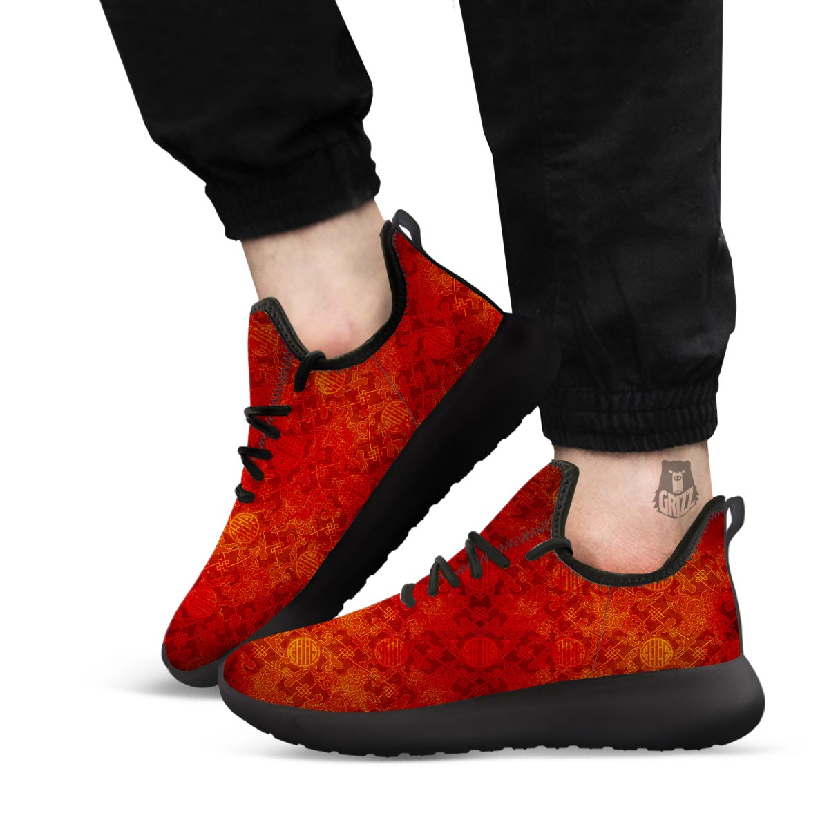 Chinese Red Print Pattern Black Athletic Shoes-grizzshop