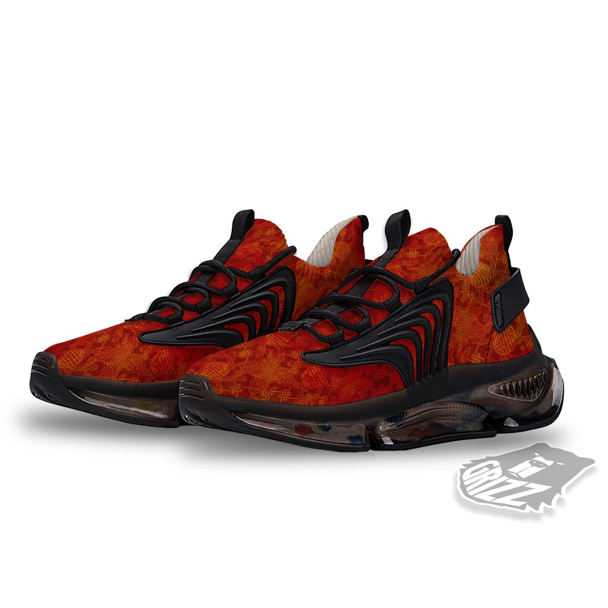 Chinese Red Print Pattern Black Gym Shoes-grizzshop