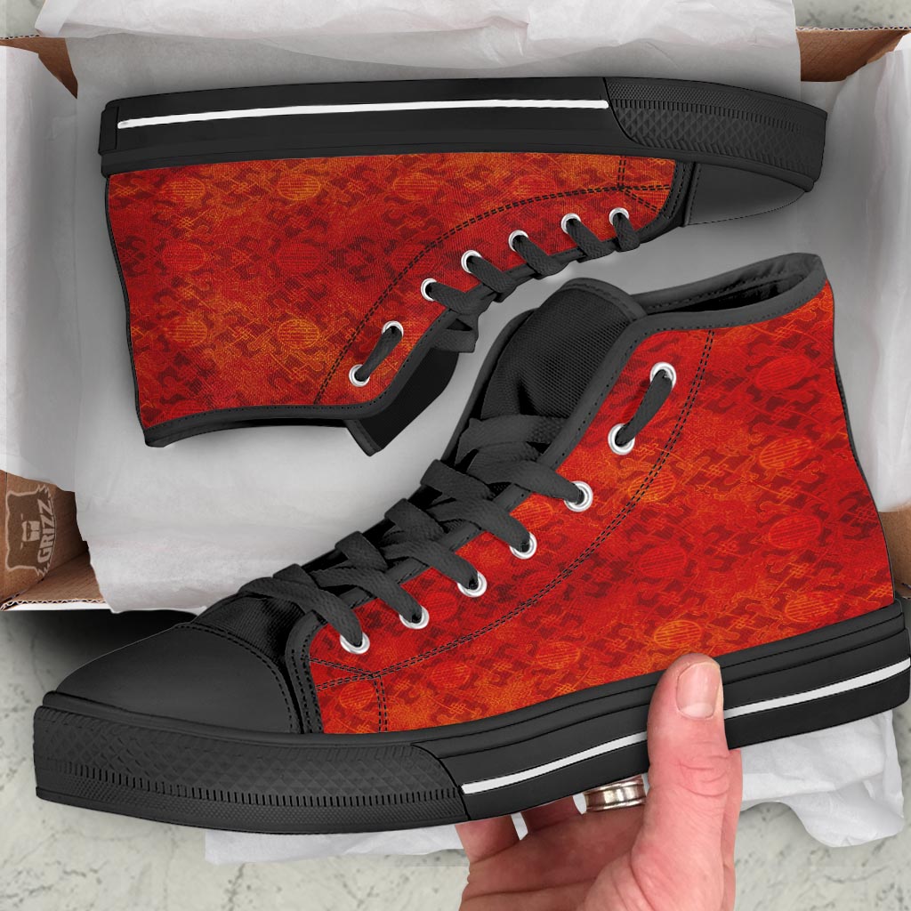 Chinese Red Print Pattern Black High Top Shoes-grizzshop
