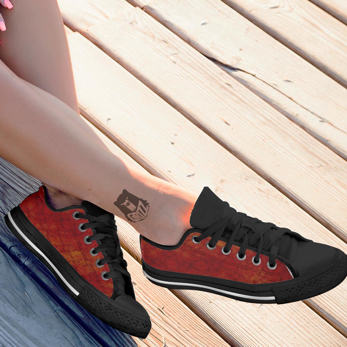 Chinese Red Print Pattern Black Low Top Shoes-grizzshop