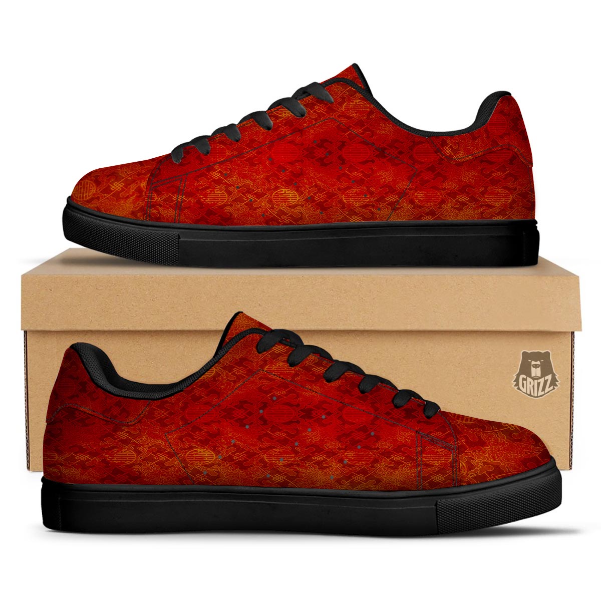 Chinese Red Print Pattern Black Low Top Sneakers-grizzshop