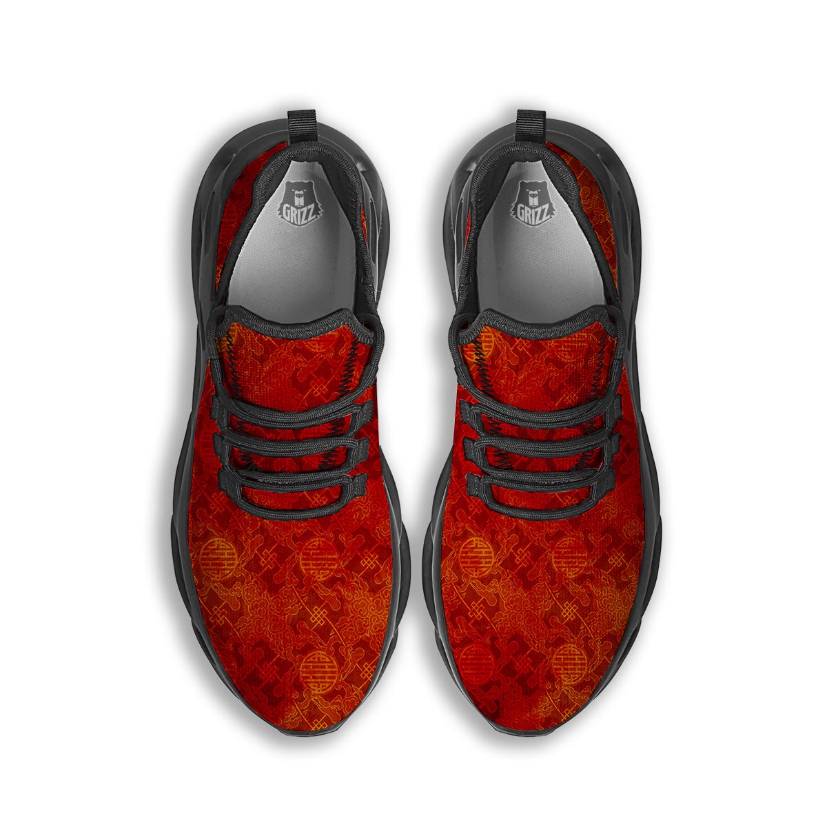 Chinese Red Print Pattern Black Running Shoes-grizzshop
