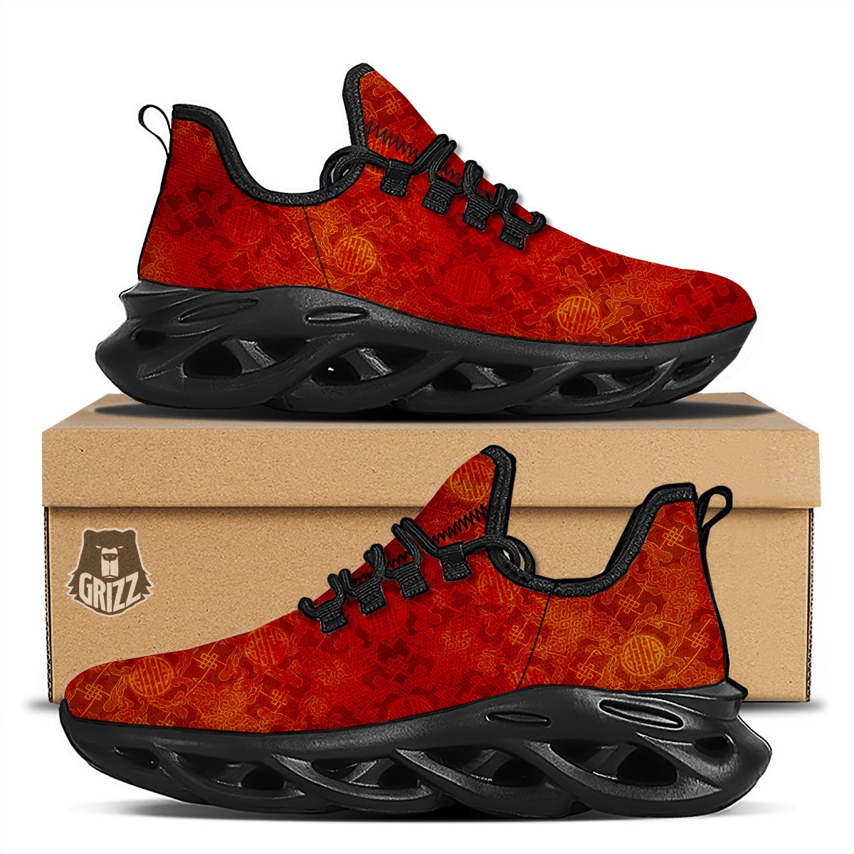 Chinese Red Print Pattern Black Running Shoes-grizzshop