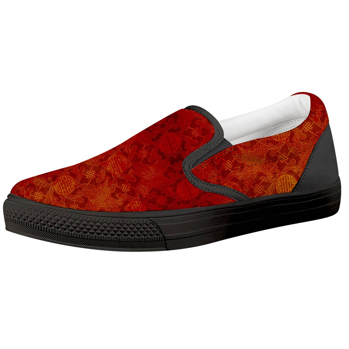 Chinese Red Print Pattern Black Slip On Shoes-grizzshop