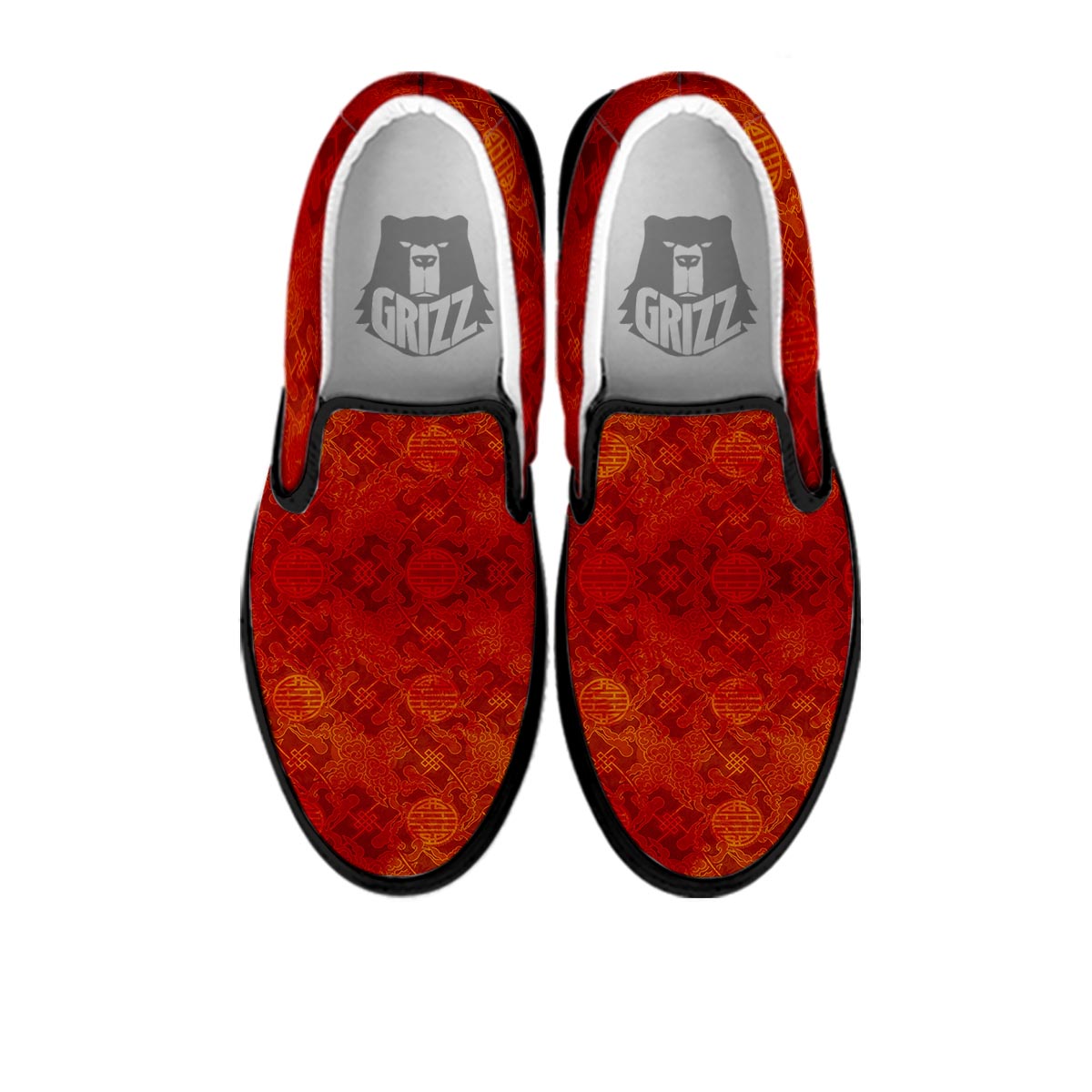 Chinese Red Print Pattern Black Slip On Shoes-grizzshop