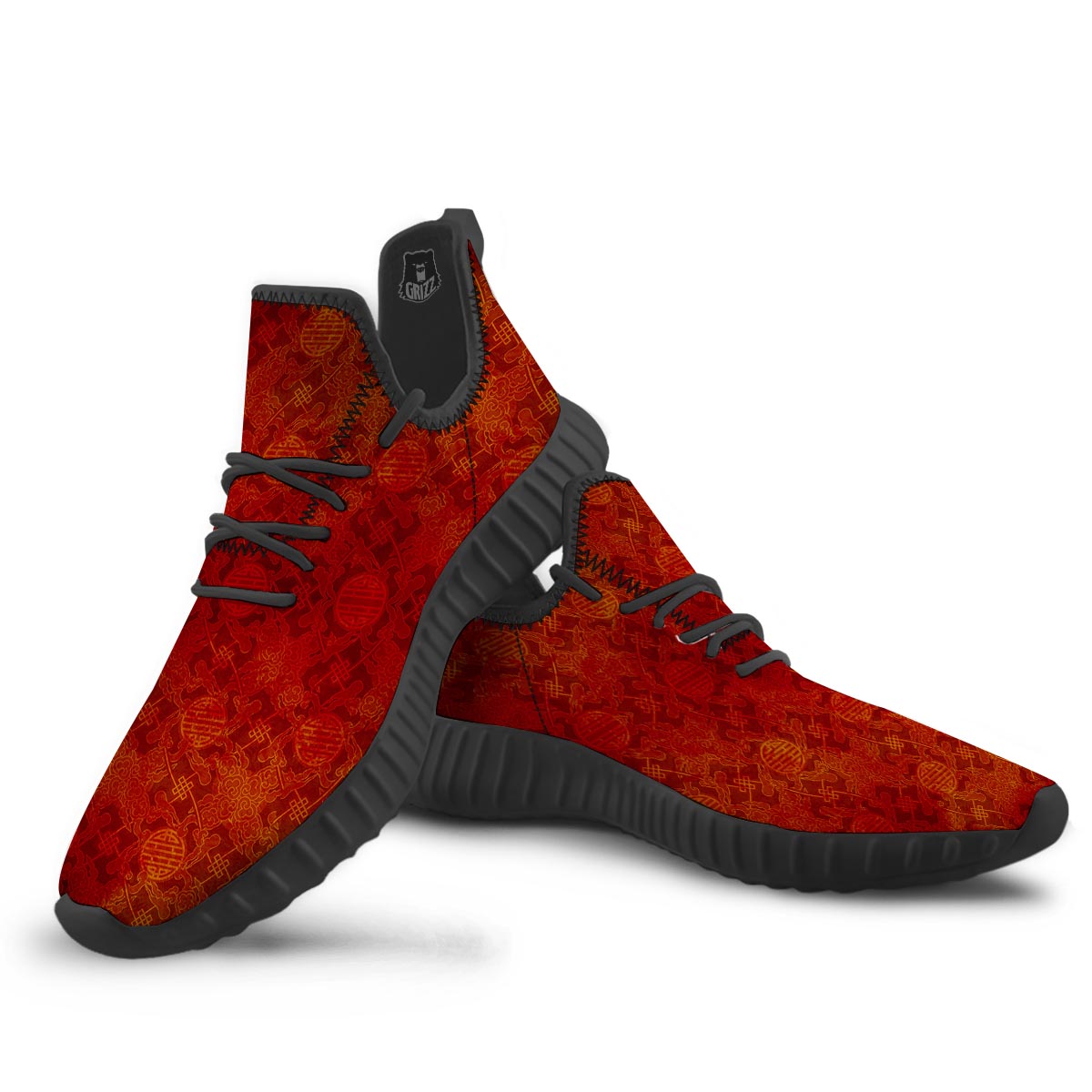 Chinese Red Print Pattern Black Walking Shoes-grizzshop