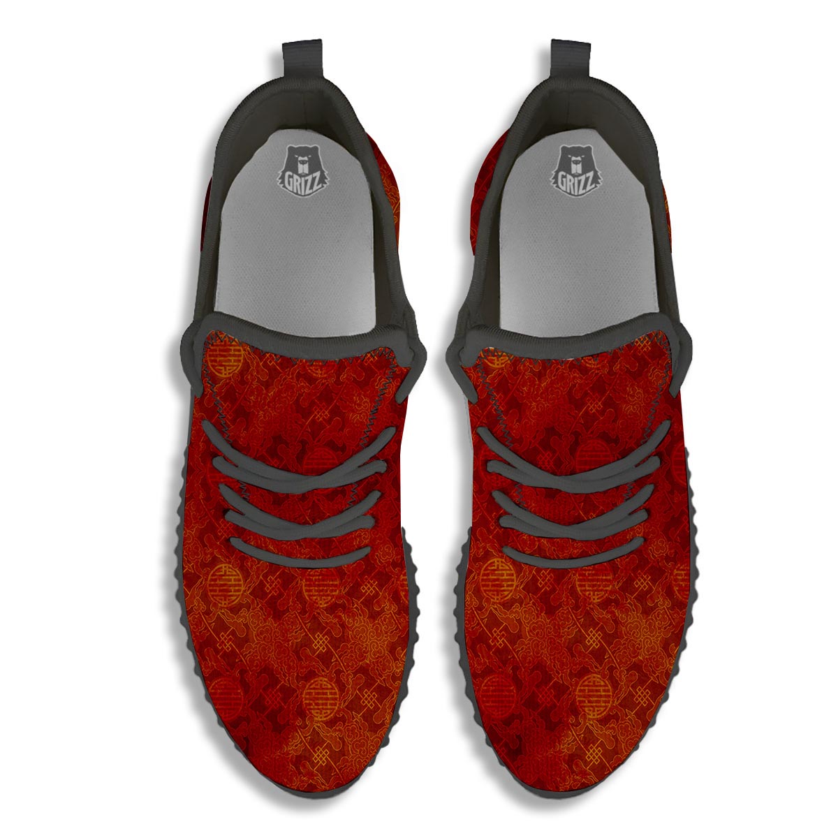 Chinese Red Print Pattern Black Walking Shoes-grizzshop