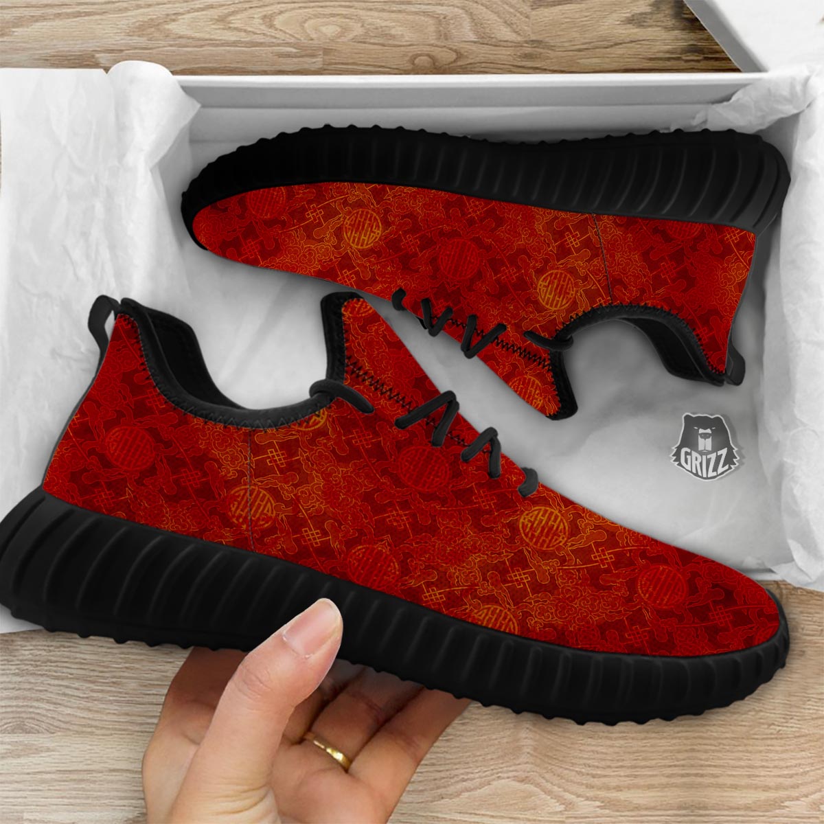 Chinese Red Print Pattern Black Walking Shoes-grizzshop