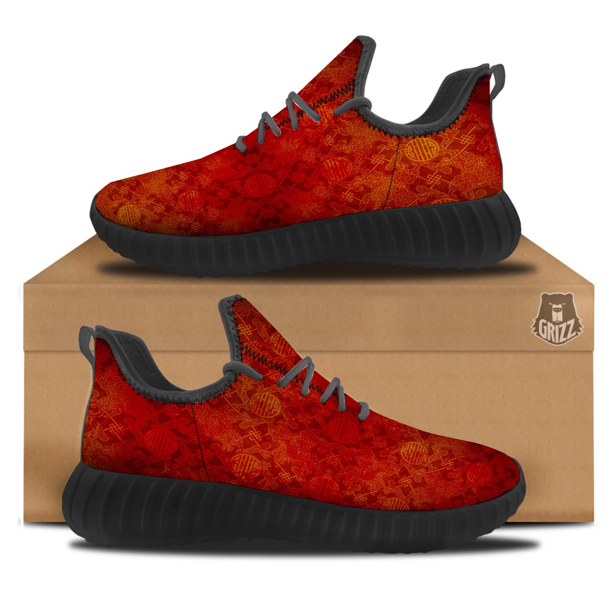 Chinese Red Print Pattern Black Walking Shoes-grizzshop