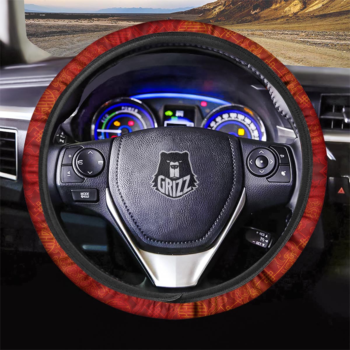 Chinese Red Print Pattern Car Steering Wheel Cover-grizzshop
