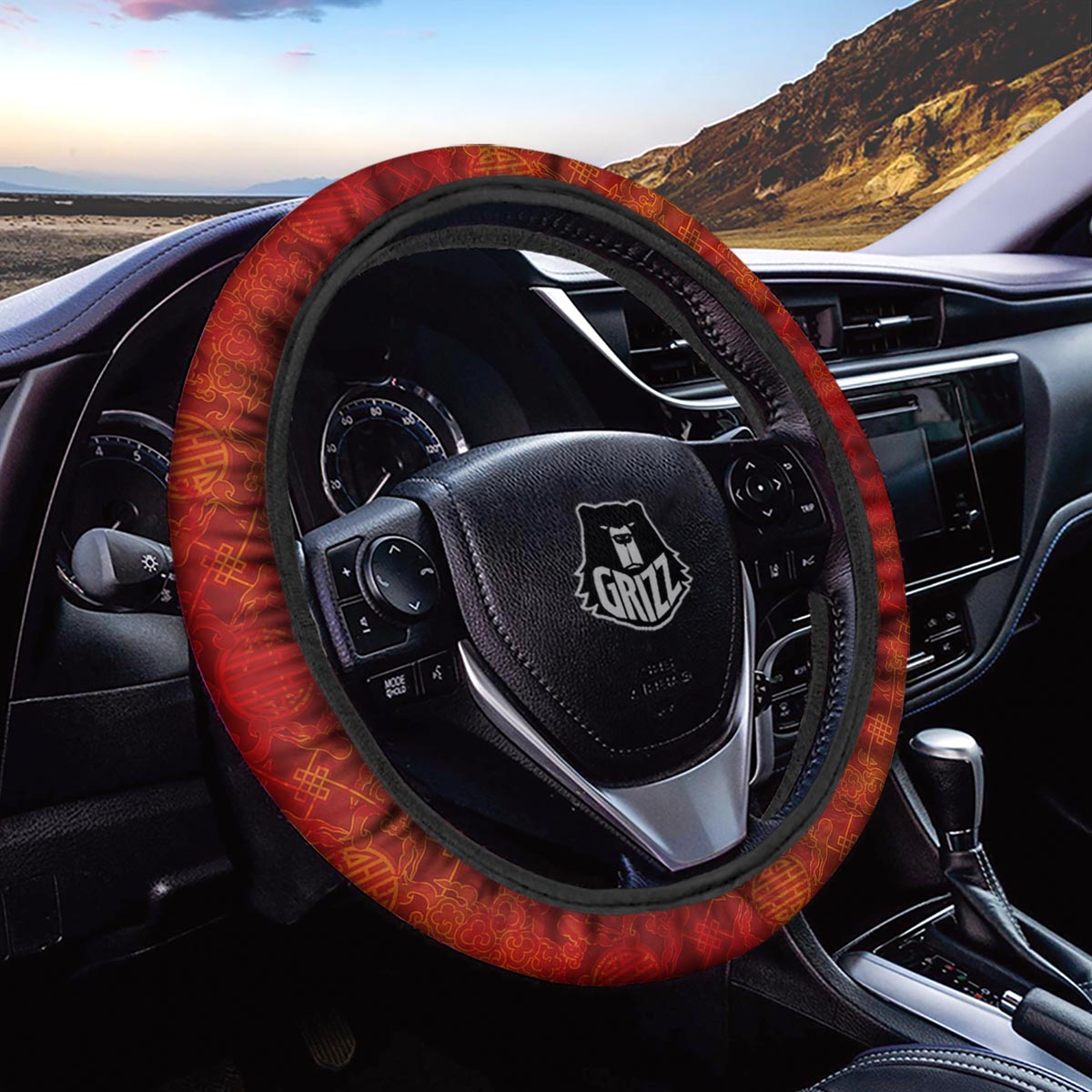 Chinese Red Print Pattern Car Steering Wheel Cover-grizzshop
