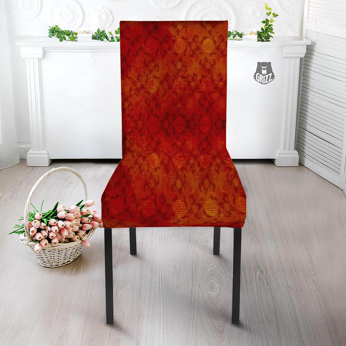 Chinese Red Print Pattern Dining Chair Slipcover-grizzshop