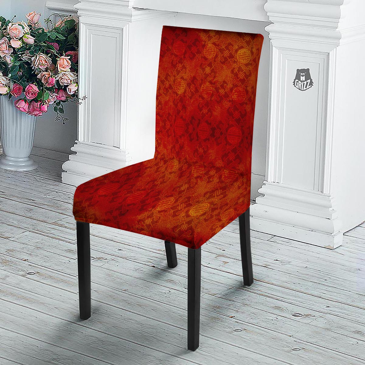 Chinese Red Print Pattern Dining Chair Slipcover-grizzshop