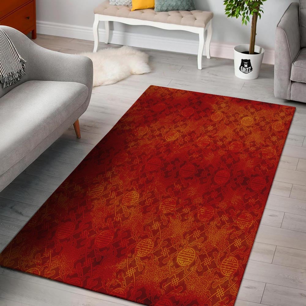 Chinese Red Print Pattern Floor Mat-grizzshop