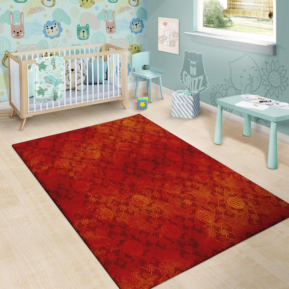 Chinese Red Print Pattern Floor Mat-grizzshop