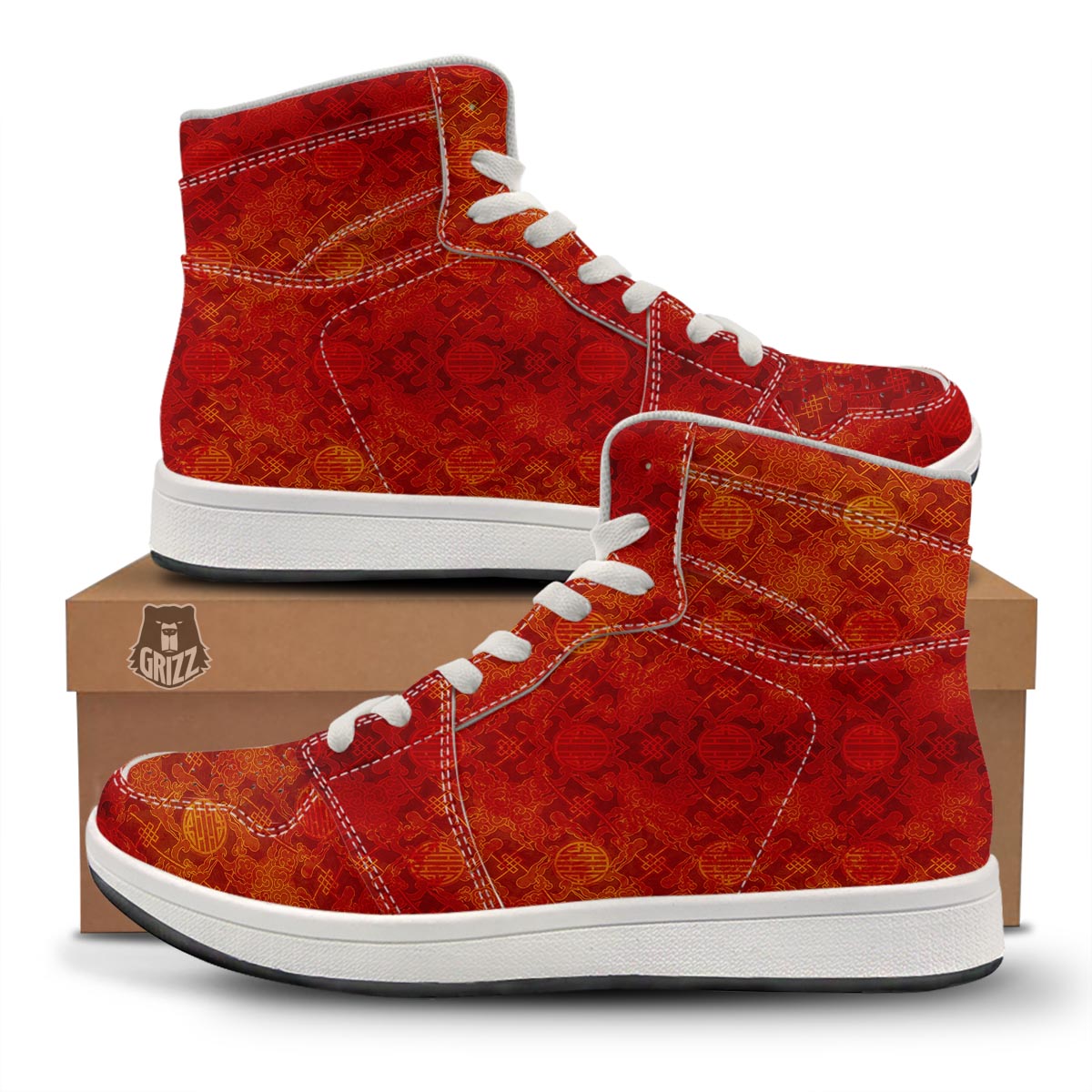 Chinese Red Print Pattern High Top Sneakers-grizzshop