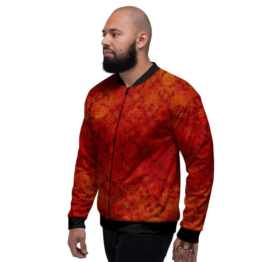 Chinese Red Print Pattern Men's Bomber Jacket-grizzshop