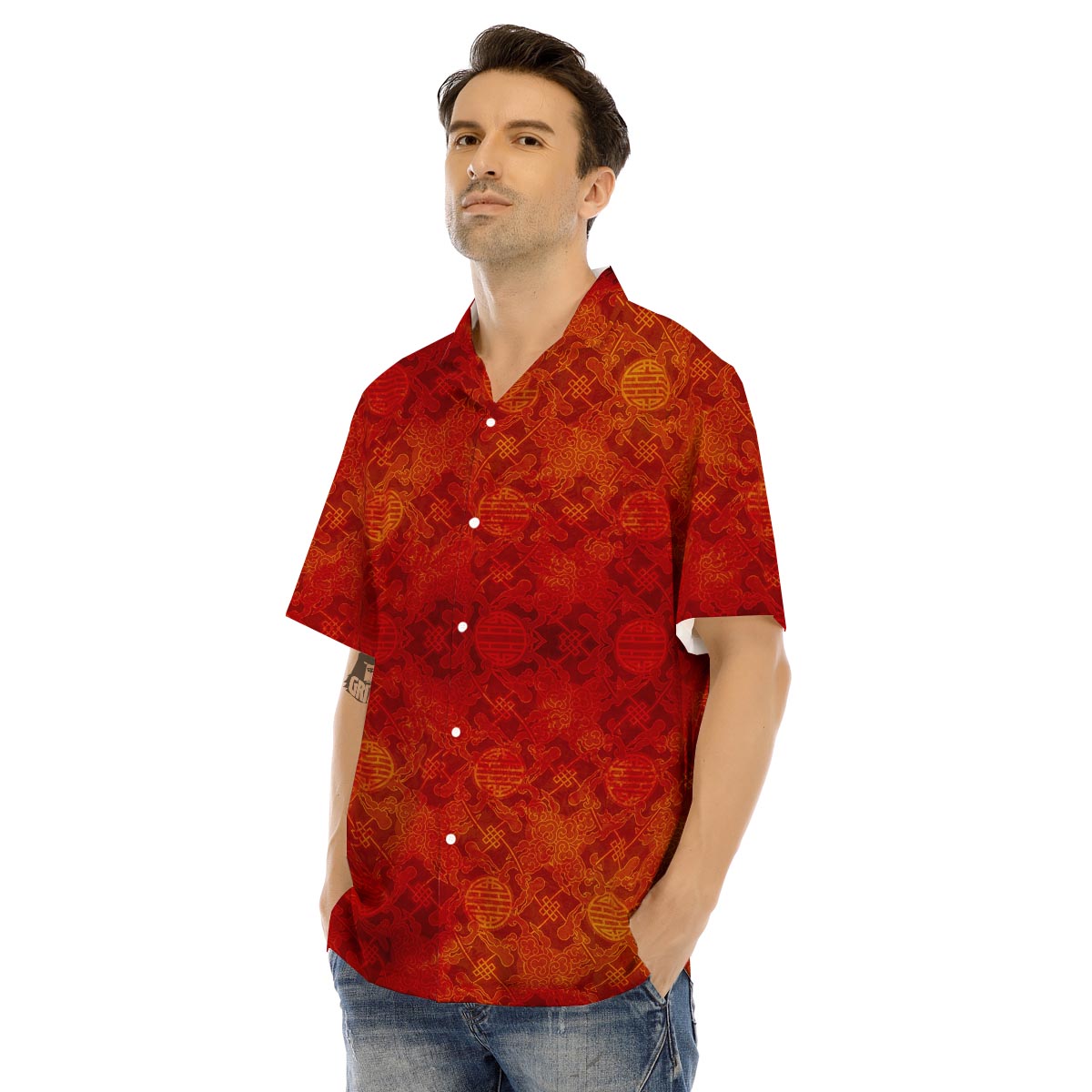 Chinese Red Print Pattern Men's Hawaiian Shirt-grizzshop