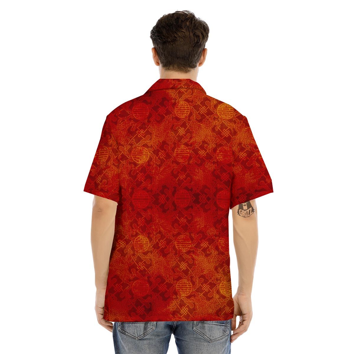 Chinese Red Print Pattern Men's Hawaiian Shirt-grizzshop