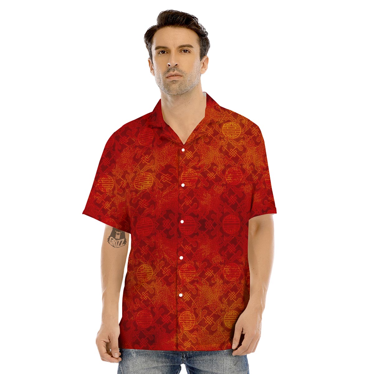 Chinese Red Print Pattern Men's Hawaiian Shirt-grizzshop