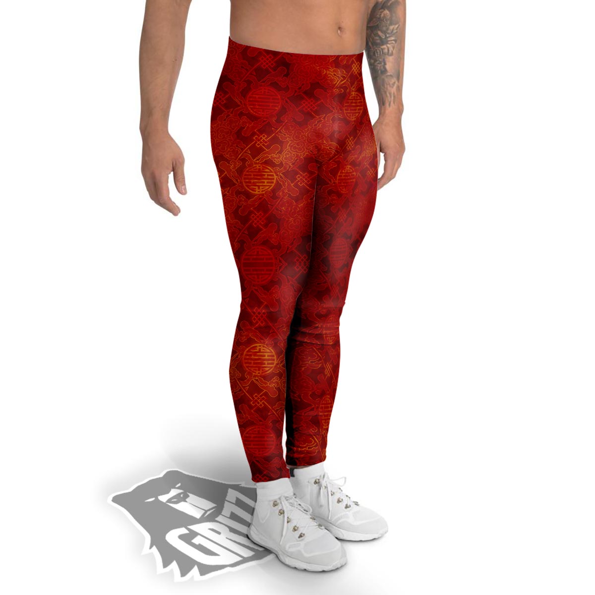 Chinese Red Print Pattern Men's Leggings-grizzshop