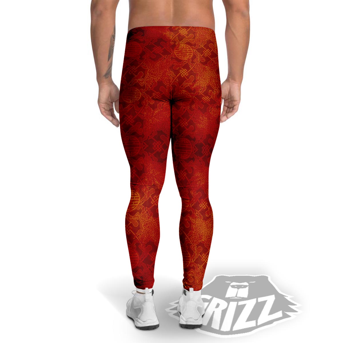Chinese Red Print Pattern Men's Leggings-grizzshop
